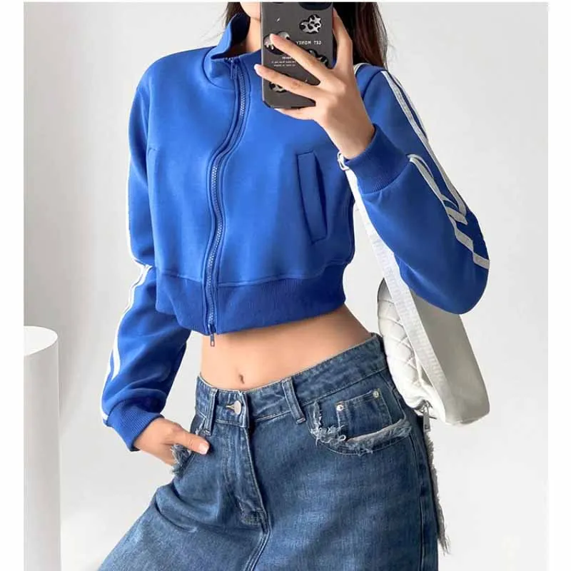 Striped Cropped Baseball Jacket Women Cardigan Zip Sweatshirt Sports Style Outwear Casual Track Autumn Spring Tops Female New