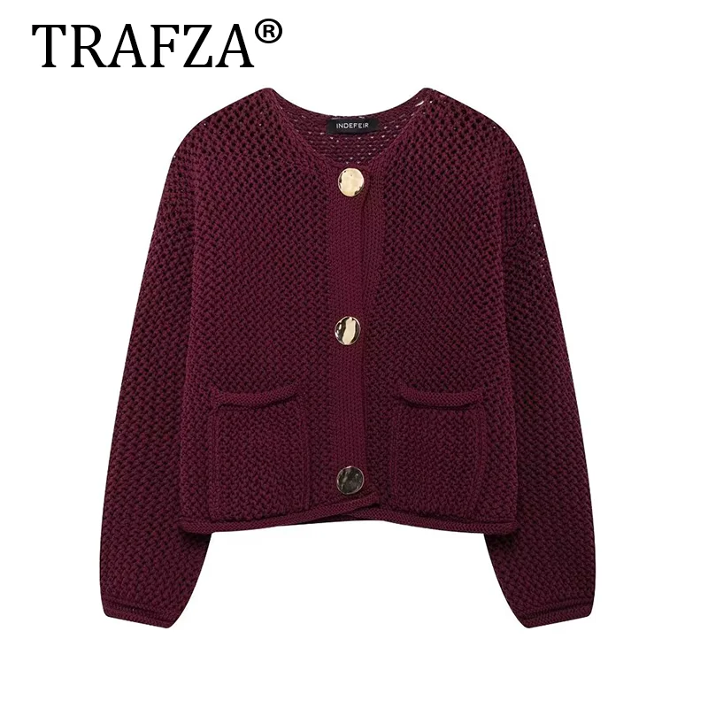 TRAFZA Women Short Cardigan Chic Coat Casual Knitted Cardigans For Women 2024 Summer Fashion Long Sleeve Knitwear Outerwear