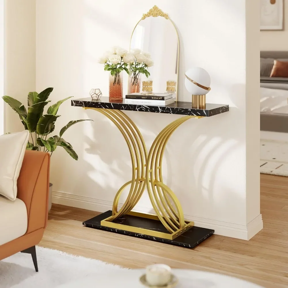 

Sofa table with gold console table, narrow sofa table in the living room, hallway, hallway, artificial marble black