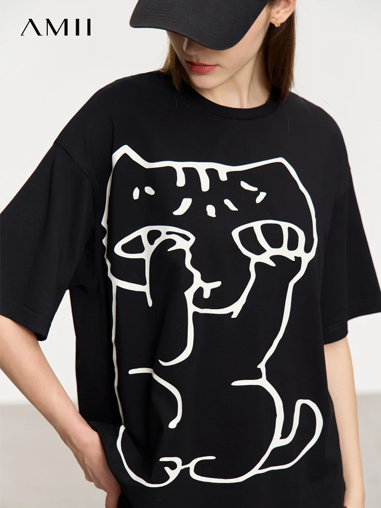 AMII Minimalism Female Tees 2026 Summer New Contrasting Colors Art Printed Loose Drop Short Sleeves T Shirt for Women 12322121
