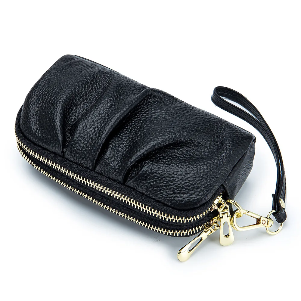 Fashion Soft Genuine Leather Ladies Day Clutches Clutch Bags Organizer Purse Double Zippers Cowhide Plicated Mini Wristband Bag