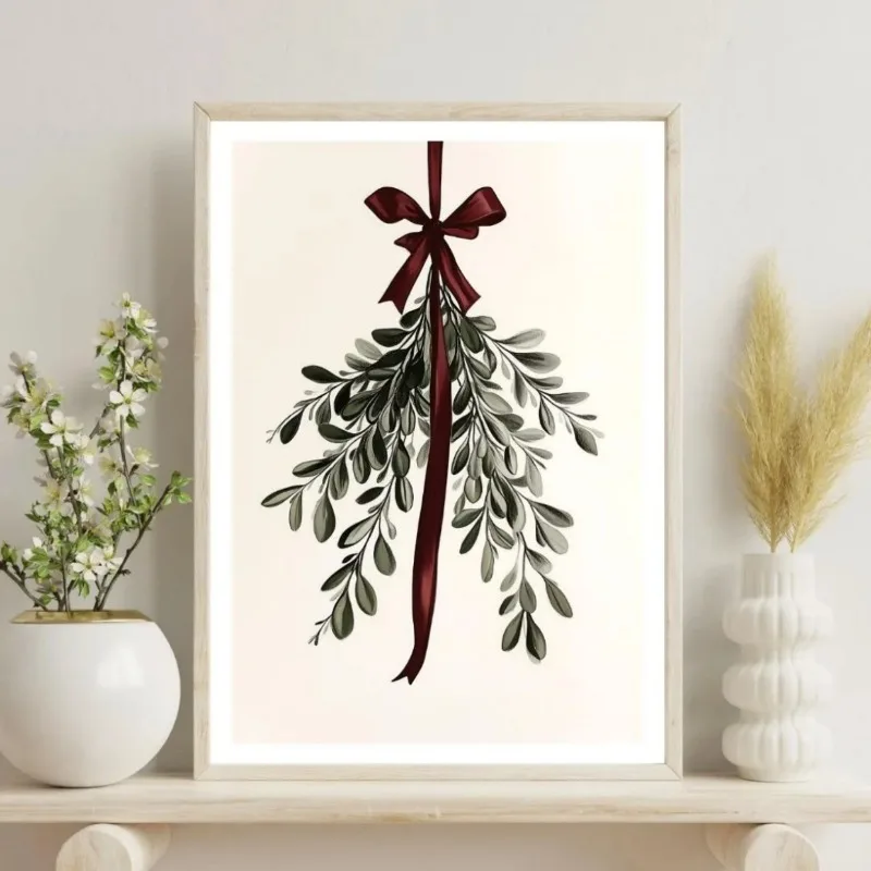 Christmas Mistletoe Bow Canvas Wall Art Winter Botanical Leaf Print Festive Holiday Wall Home Decor Unframed Canvas Poster