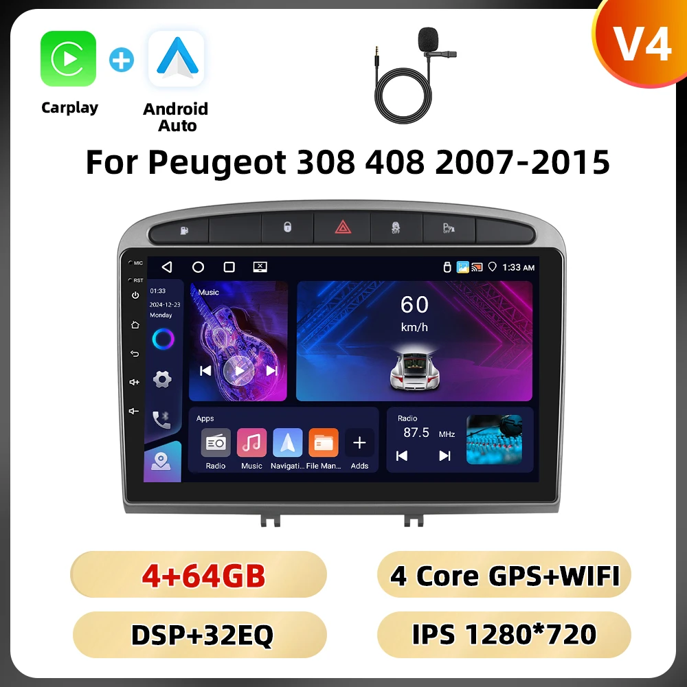 Podofo 2Din 9 ''Autoradio Voor Peugeot 308 408 2007-2015 Multimedia Speler Android Auto Carplay WIFI 4G GPS AI Voice Auto Audio