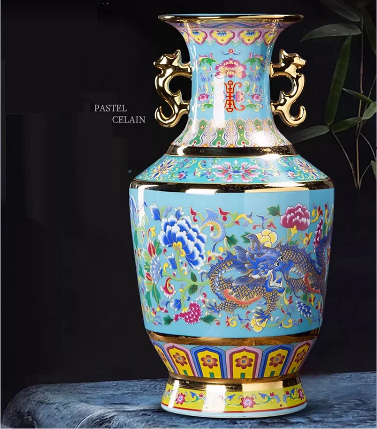 

Jingdezhen Ceramic Double Ear Bottle, Enamel Colored Classical Flower Vase, Home Decoration, Living Room, Bo Gu Frame, Craft Dec