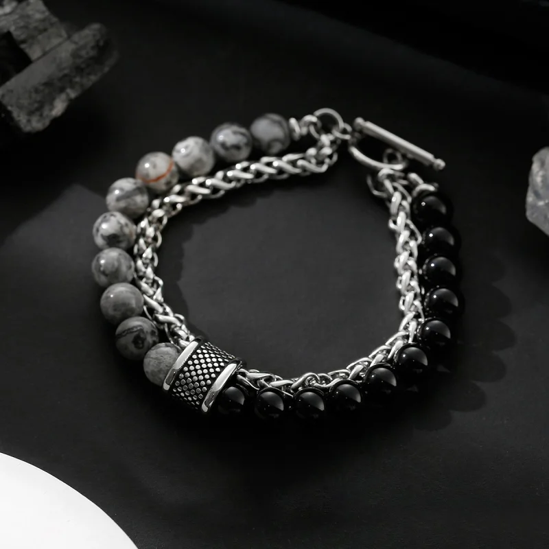 1 Pc Double Layer White Turquoise 8mm Black Matte Glass Chain OT Clasp Alloy Bracelet Boho Style Jewelry for Men Women Bracelets