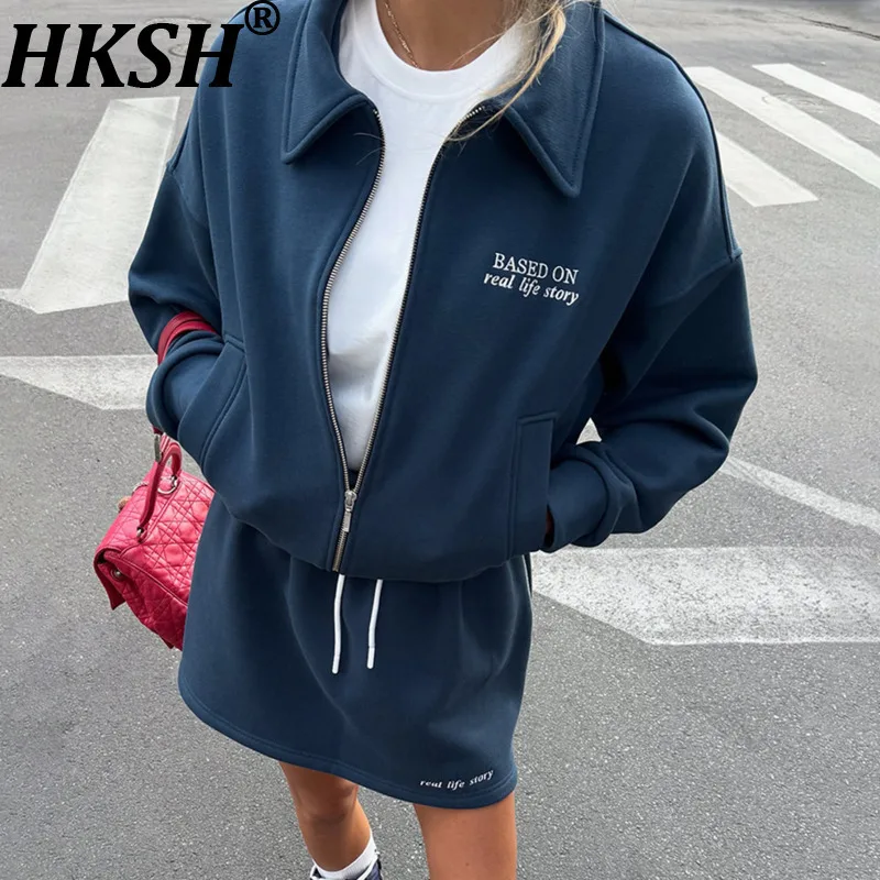 HKSH Spring Autumn New Women's Two-piece Set Turn-down Collar Zipper Casual Sporty Sweatshirt Drawstring Short Skirt Y2K HK14614