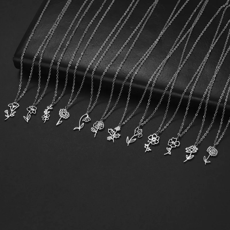 Halskette mit Blumen-Anhänger zum 12-Monats-Geburtstag für Frauen, Edelstahl, Geburtsblumen-Schmuck, Geschenke