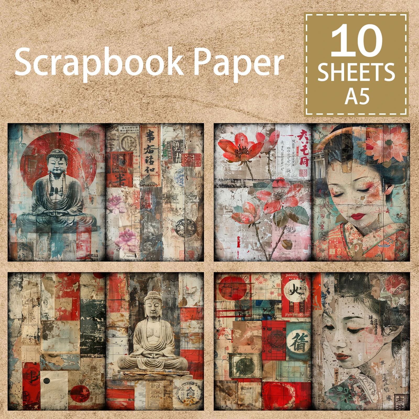 10 Sheets A5 Size Retro Distressed Japanese Geisha Buddha Statue Background Vintage Grunge Journal Planning Scrapbooking