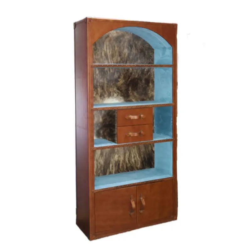 Solid wood bookcase, brown first layer cowhide cow fur home office living room locker bookshelf