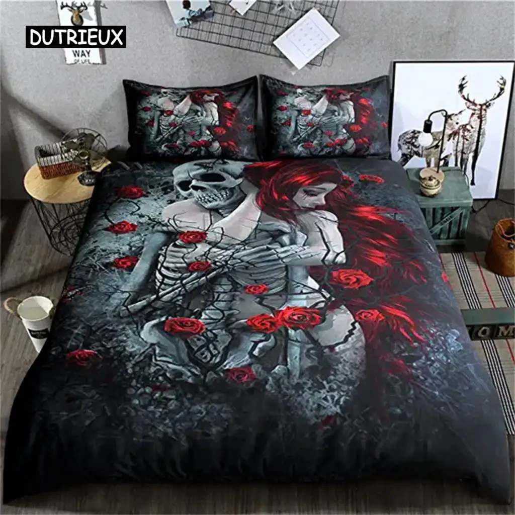 Skull Roses Couple Gift Love Never Dies Duvet Cover Soft Microfiber Bed Set Fashion Bedroom Decor Bedroom Decor Valentine's Day