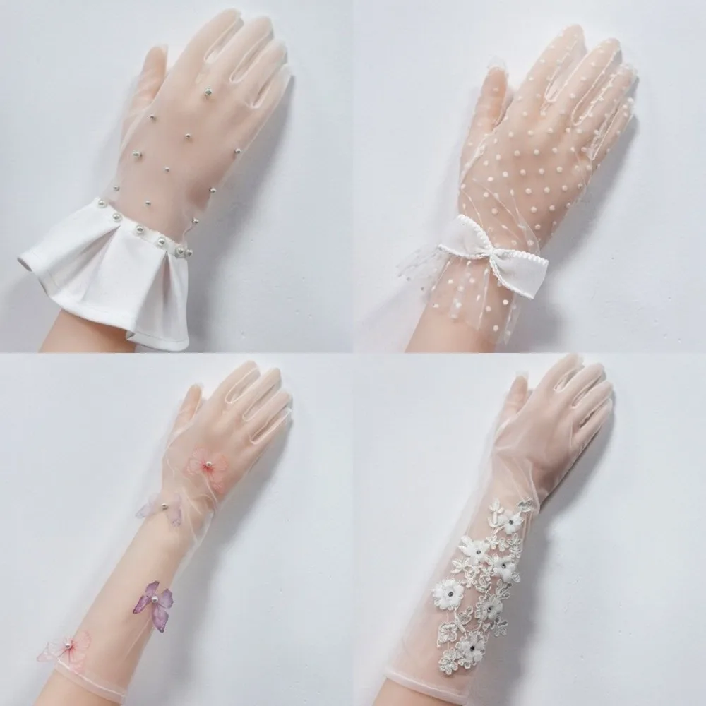 1Pairs New Mesh Women Lace Gloves Sexy Elegant Wedding Bridal Gloves Dot Pattern Breathable Tulle Gloves Clothing Accessories