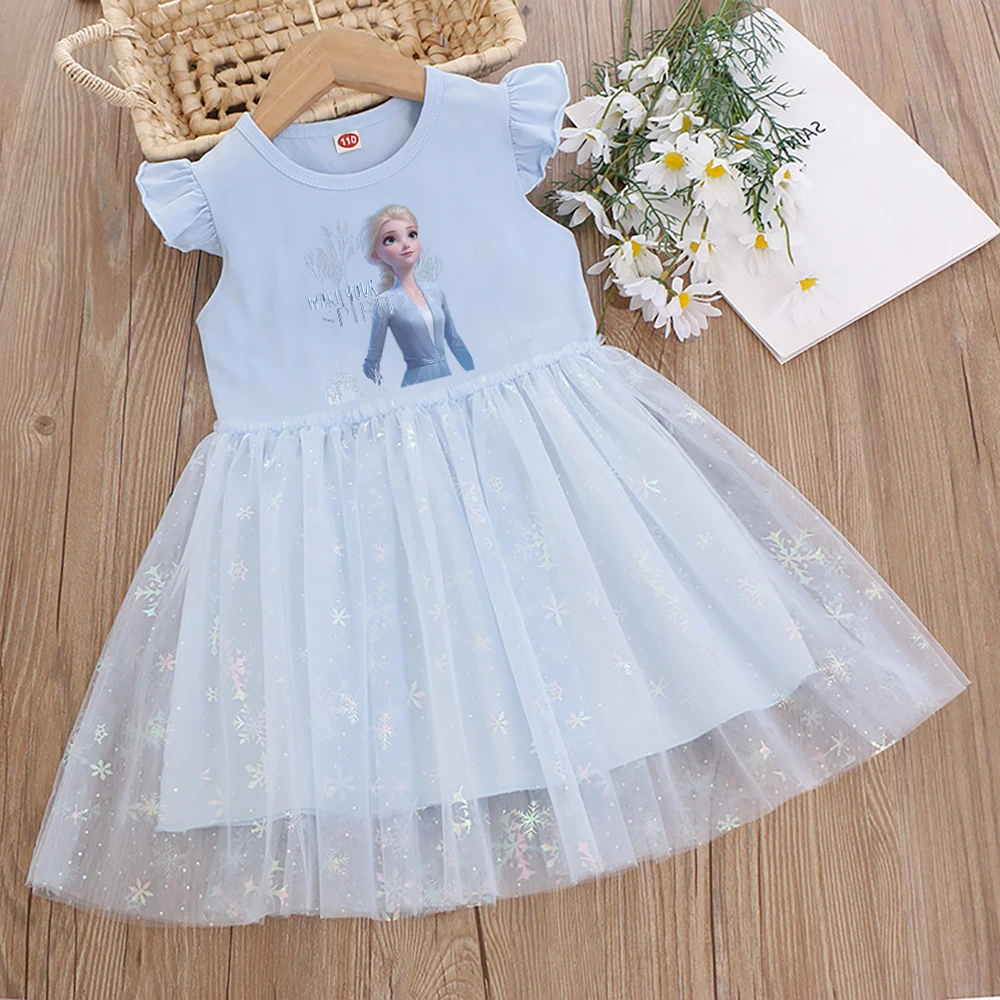 

Girls Clothes 2025 New Summer Disney Elsa Princess Dresses Flying Sleeve Kids Dress Frozen Party Baby Dresses for Children 3-8T
