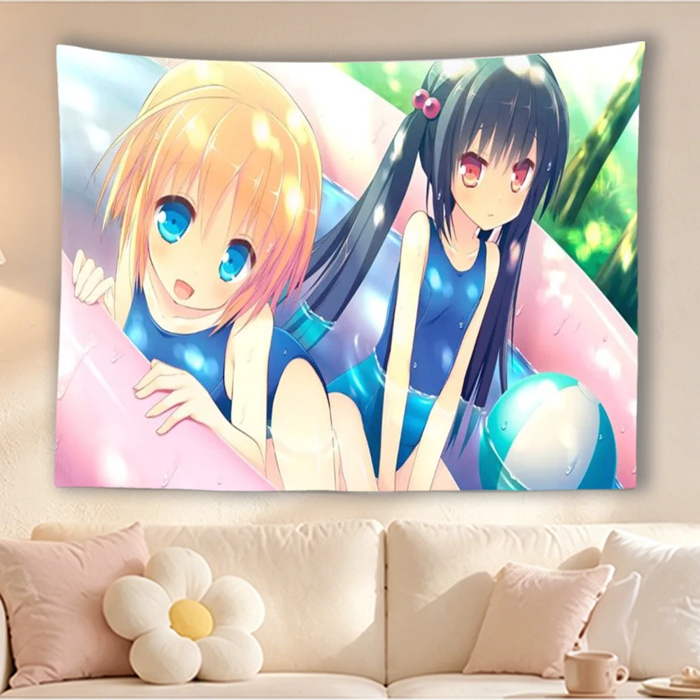 Cute Anime Two Girls Swimsuit SummerTapestry Wall Hanging Water Park Scenery Wall  For Bedroom Dorm Living Room