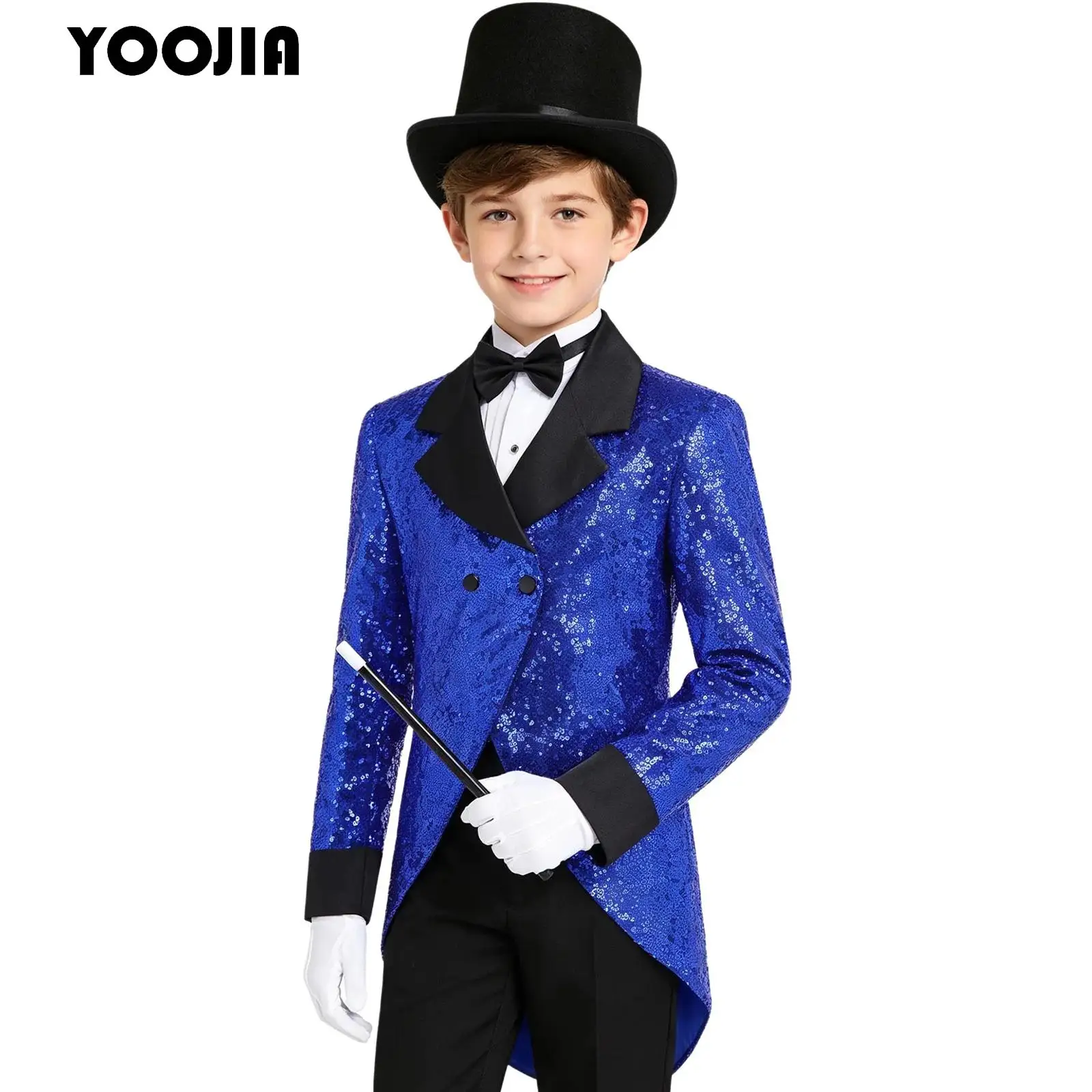 Kids Boys Circus Performance Magician Costume Set Shiny Sequin Tailcoat Jacket Tuxedo Blazer with Bowtie Hat Gloves Magic Wands