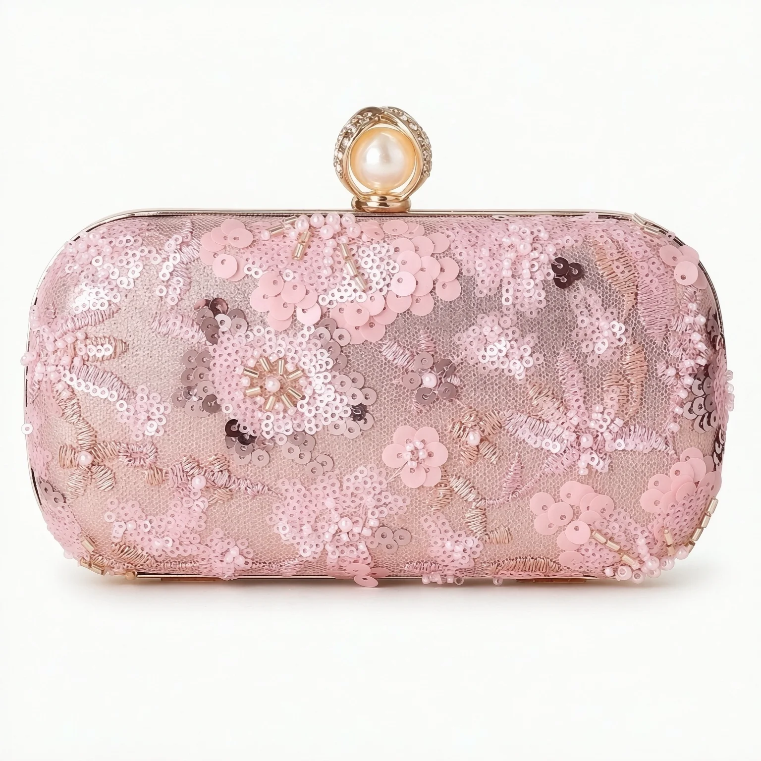 Glam Chic Floral Sequin Hardcase Clutch, Pearl Rhinestone Lock, Dual Sided Design with Detachable Chain for Wedding Prom