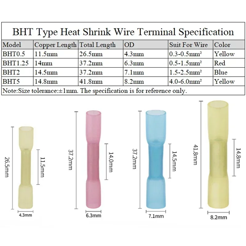 10~100Pcs Heat Shrinkable Cable Terminal Tube BHT0.5 BHT1.25 BHT2 BHT5 AWG22-10 Waterproof Butt Crimp Copper Insulated Connector