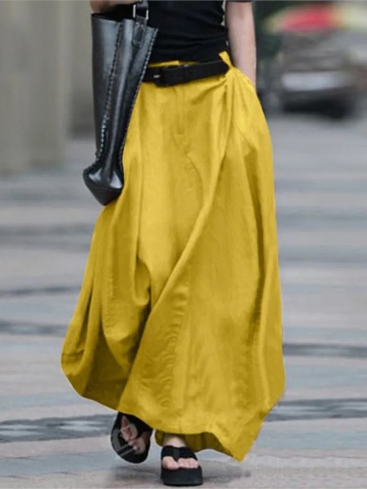 Autumn Women's Vintage Simple Skirt Summer Fashion Loose Solid Cotton Linen High Waist Casual Beach A-line Maxi Skirts Female