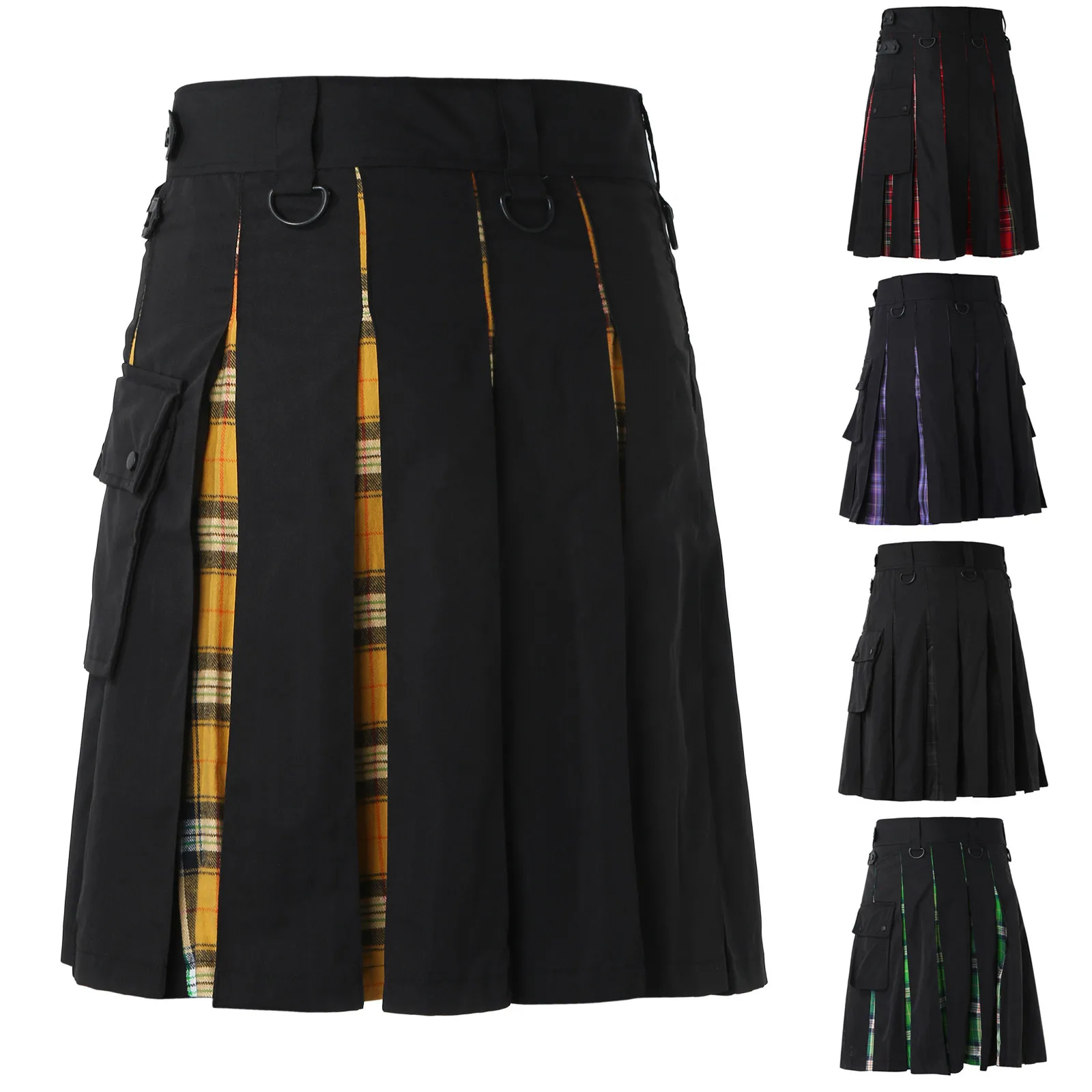 Herrenmode schottischen Retro Kilt Cosplay Plissee lässig schottischen Stil Plaid Kontrast Highland Tasche traditionellen Utility Rock