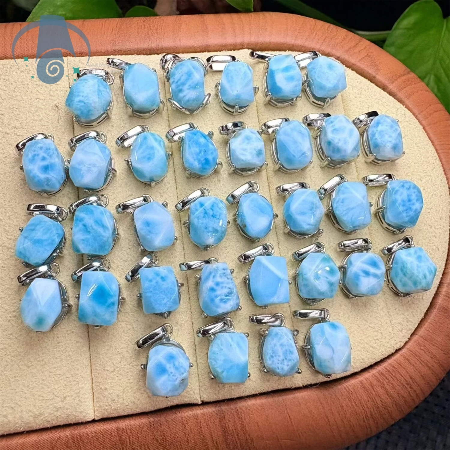 Natural Larimar Pendant Freeform Ocean Blue Watery Copper Setting Smooth Polished Unique Bohemian Handmade Jewelry Gift for Wome