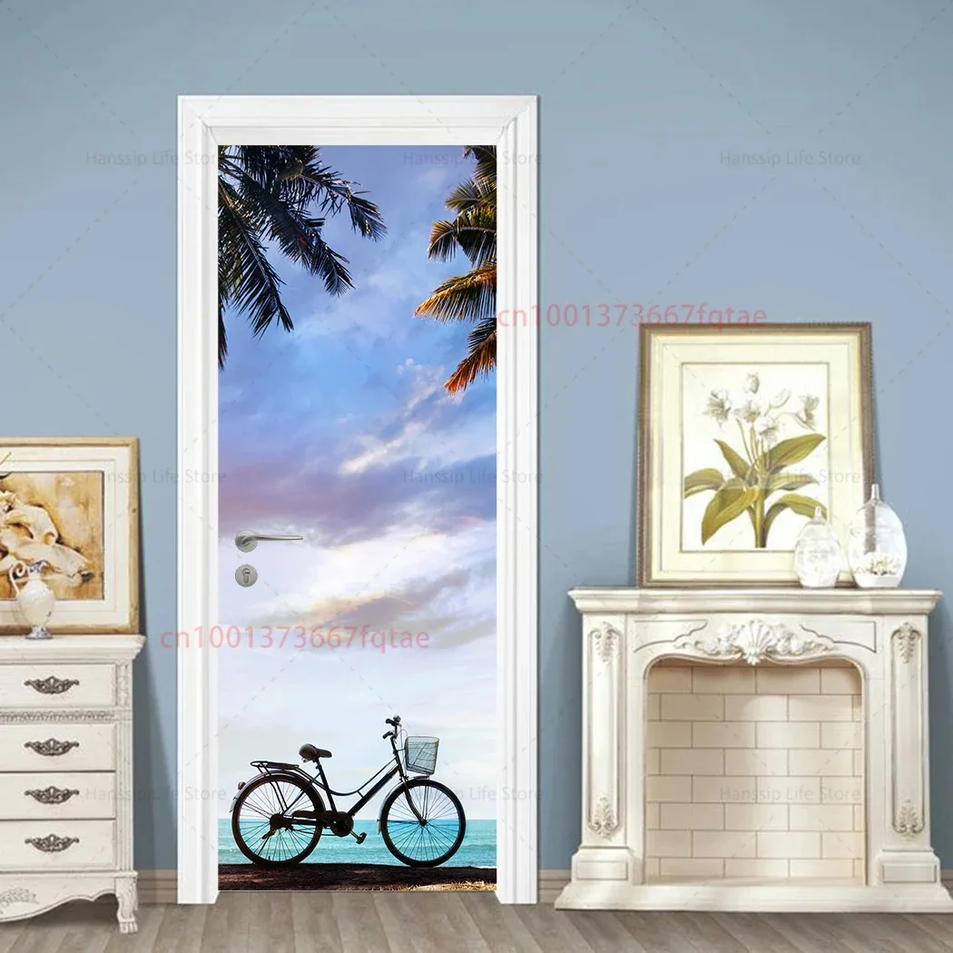 3D Tropical Beach Door Sticker Palm Tree Seaside Sunset Ocean Underwater Landscape Removable Self Adhesive Wallpaper Home Decor view 5