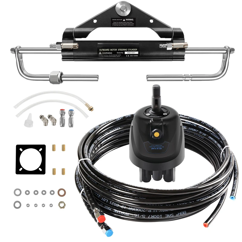 Hydraulic Steering Kit 150HP for Outboard Boat Engines -520lbf Output 26ft Cuttable Hose Helm Pump, Dual-Lock Cylinder