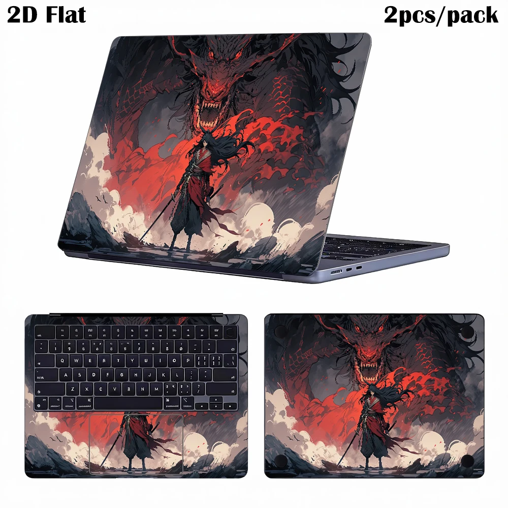 2Pcs/Set,Anime Dragon Warrior Laptop Sticker, Self-Adhesive PVC Waterproof Scratch-Resistant Fantasy Dragon Samurai Art Decal,