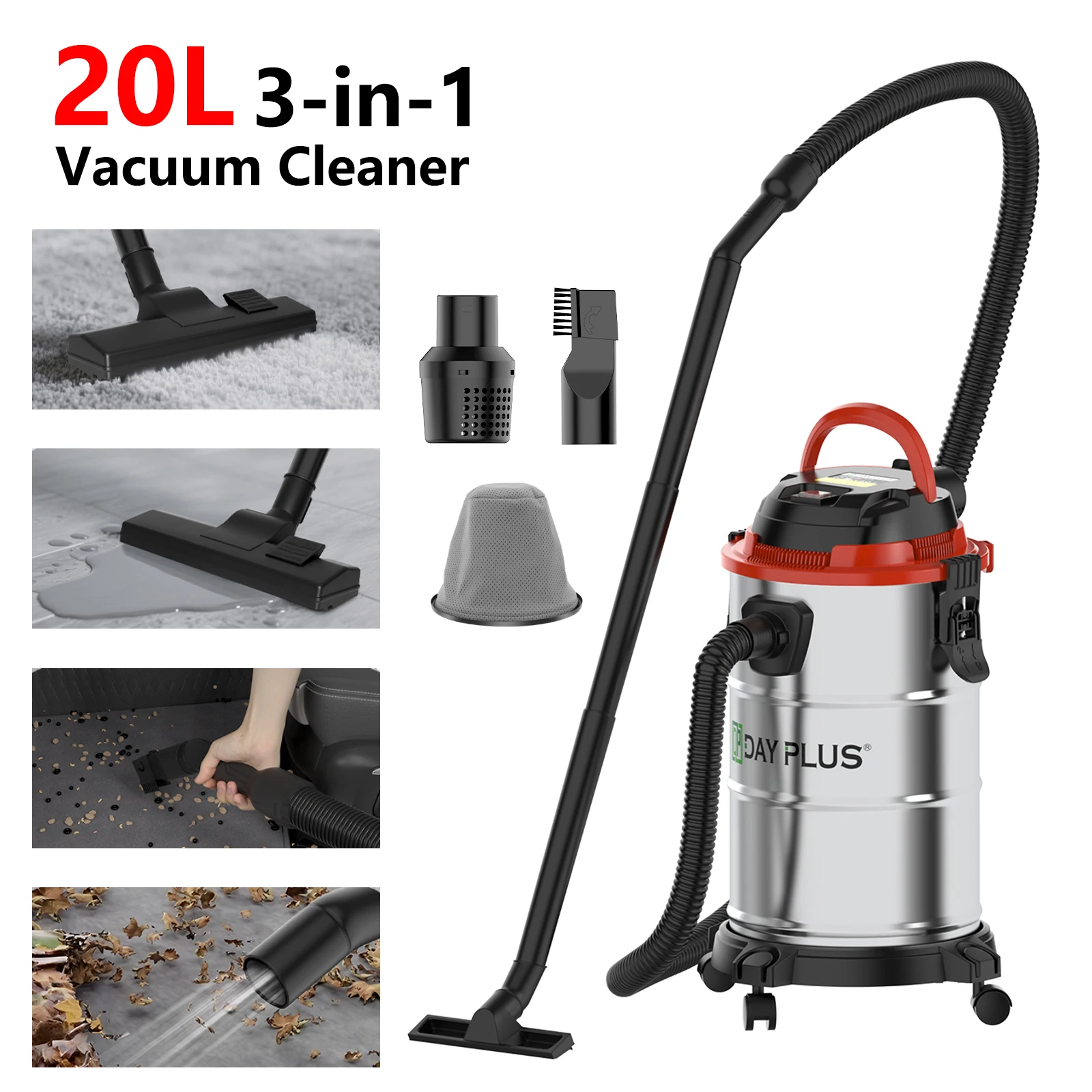 Aspiradora doméstica húmeda y seca 3 en 1, tanque de cubo de basura de 20L, cuerpo de barril reforzado con Metal, potente Extractor de polvo Industrial de 5000W