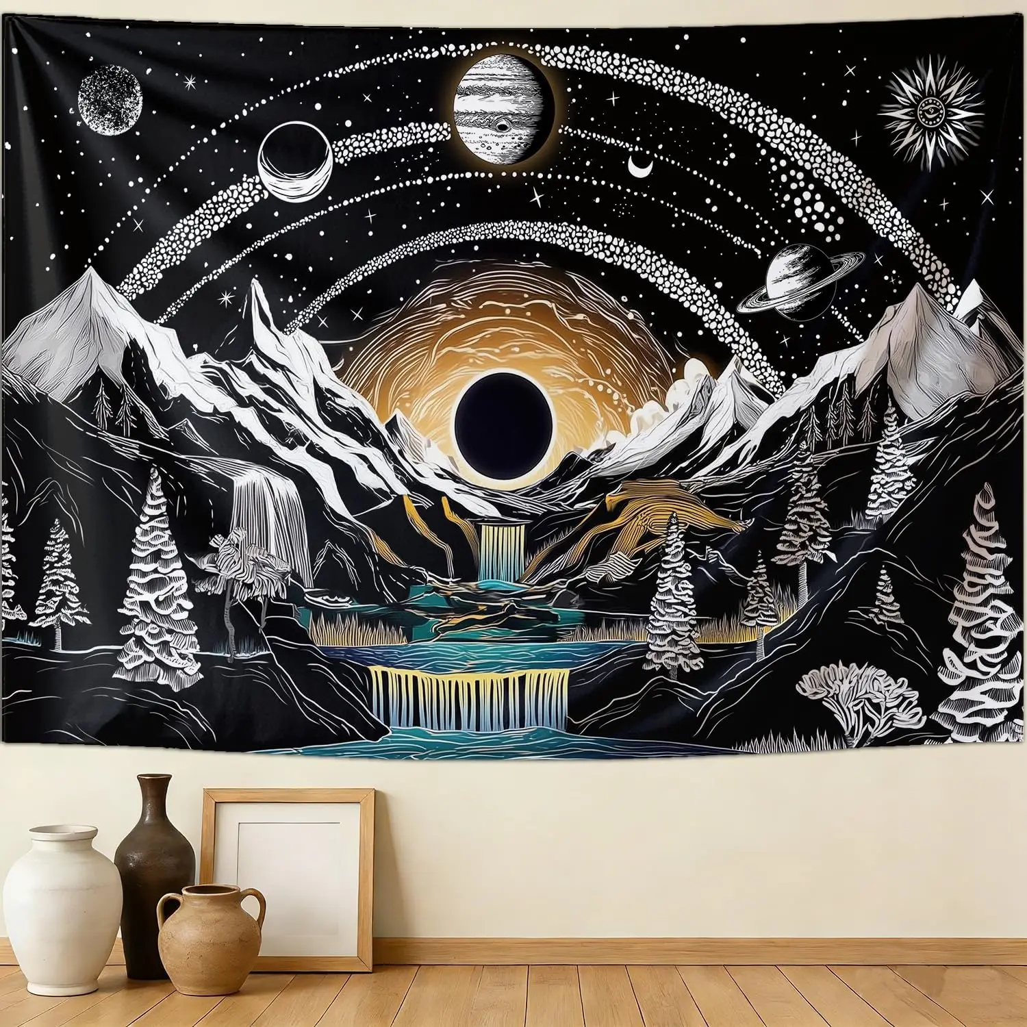 Black and White Tapestry Mountain Space Galaxy Aesthetic Tapestry, Gothic Backdrop Banner for Men Bedroom, Cool Trippy Whimsical