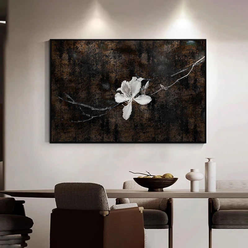 

Dark Style White Flower Canvas Poster Chinese Zen Ink Painting Wabi Sabi Minimalist Living Room Bedroom Wall Decor Art Print