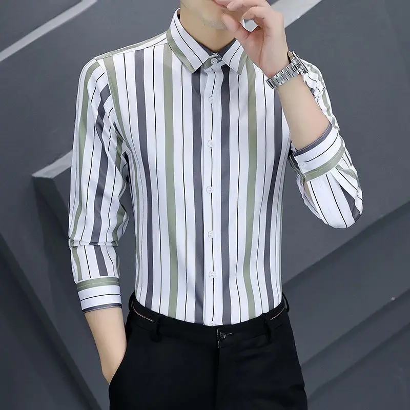 Spring Autumn Contrast Color Turn-down Collar Button Long Sleeve Striped Cardigan Men's Clothing Formal Fashion Shirt Tops