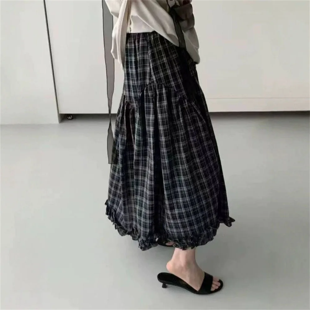 Y2K Grunge Plaid Midi Skirt Women Elastic High Waist Ruffle Hem A-Line Long Skirts Vintage Casual Streetwear Female Autumn Skirt