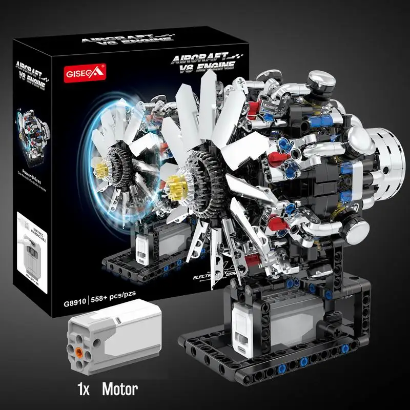 G8910 aviação v8 motor 558 pçs aeronaves motor de combustão interna blocos de construção modelo brinquedo educacional haste kit para criança adulto