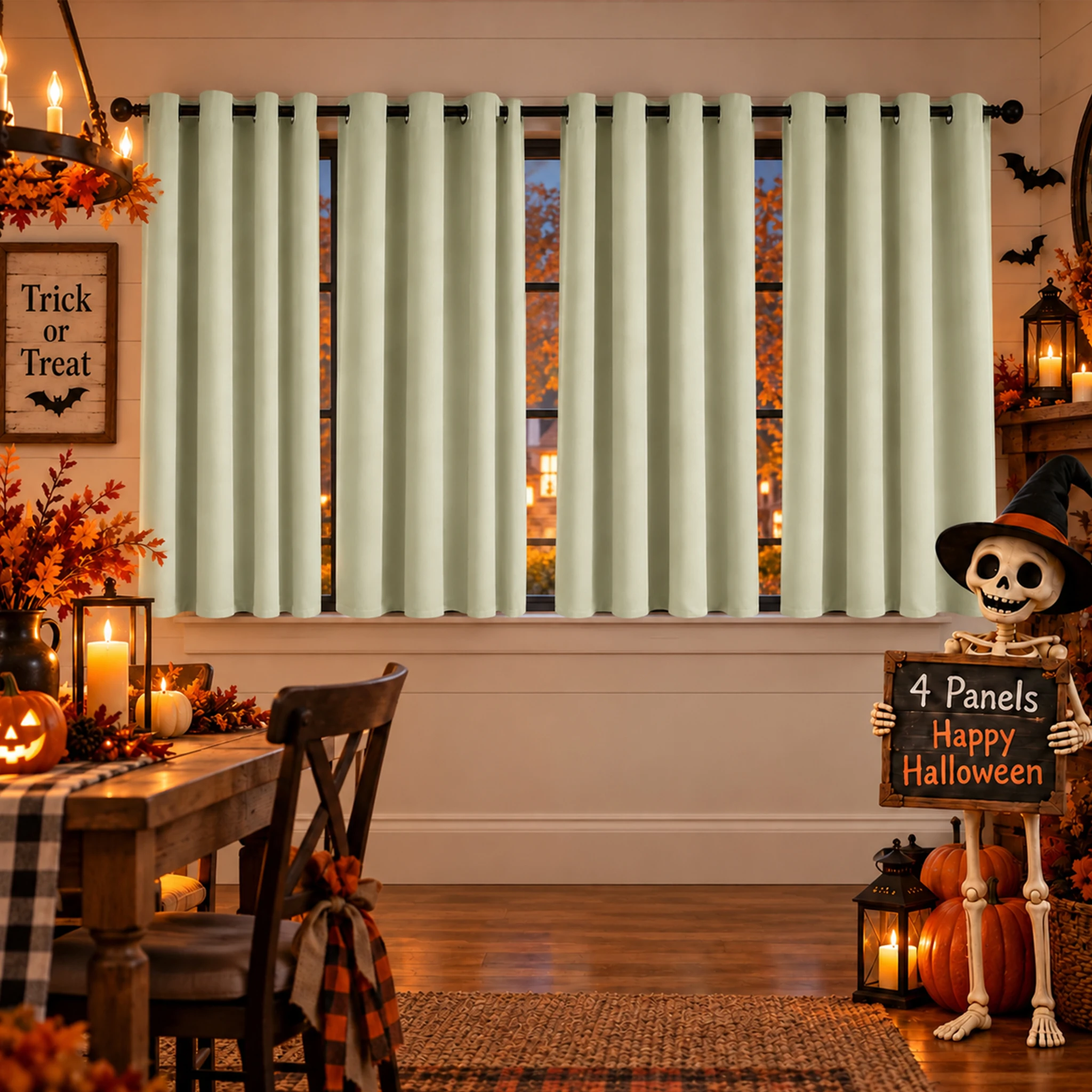 4 Panels Vintage Khaki Sun Blocking Curtains for Halloween Home, Heavy Duty Thermal Soundproof Room Partition, Black Coated Back