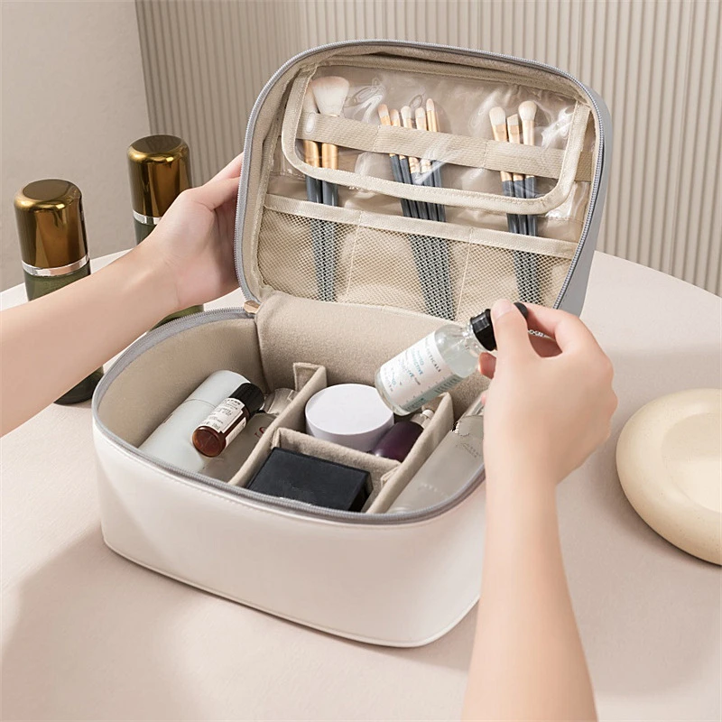 Borsa cosmetica con scomparto in PU borsa da toilette a strati di grande capacità borsa da viaggio portatile contenitore per trucco impermeabile per