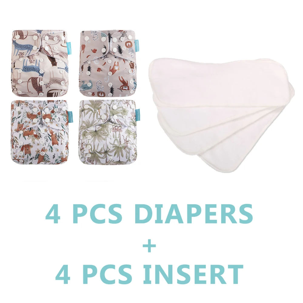 Happyflute Reusable 4Pcs Pocket Diapers+4 Pcs Microfiber Insert Washable Infant Nappy Ecological Cloth Diaper Fit 3-15kg Baby