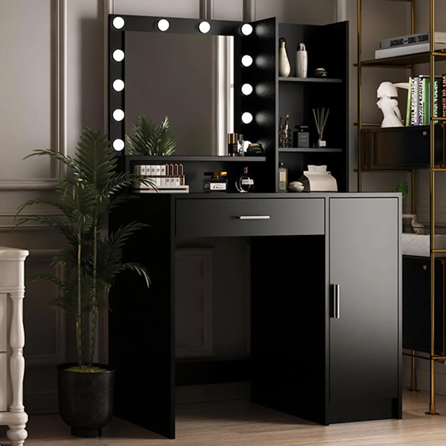 

Dressing Table with Mirror & Light,3-Mode Dimming,3-Tier Storage & Large Drawer,Bedroom,Black,Customized