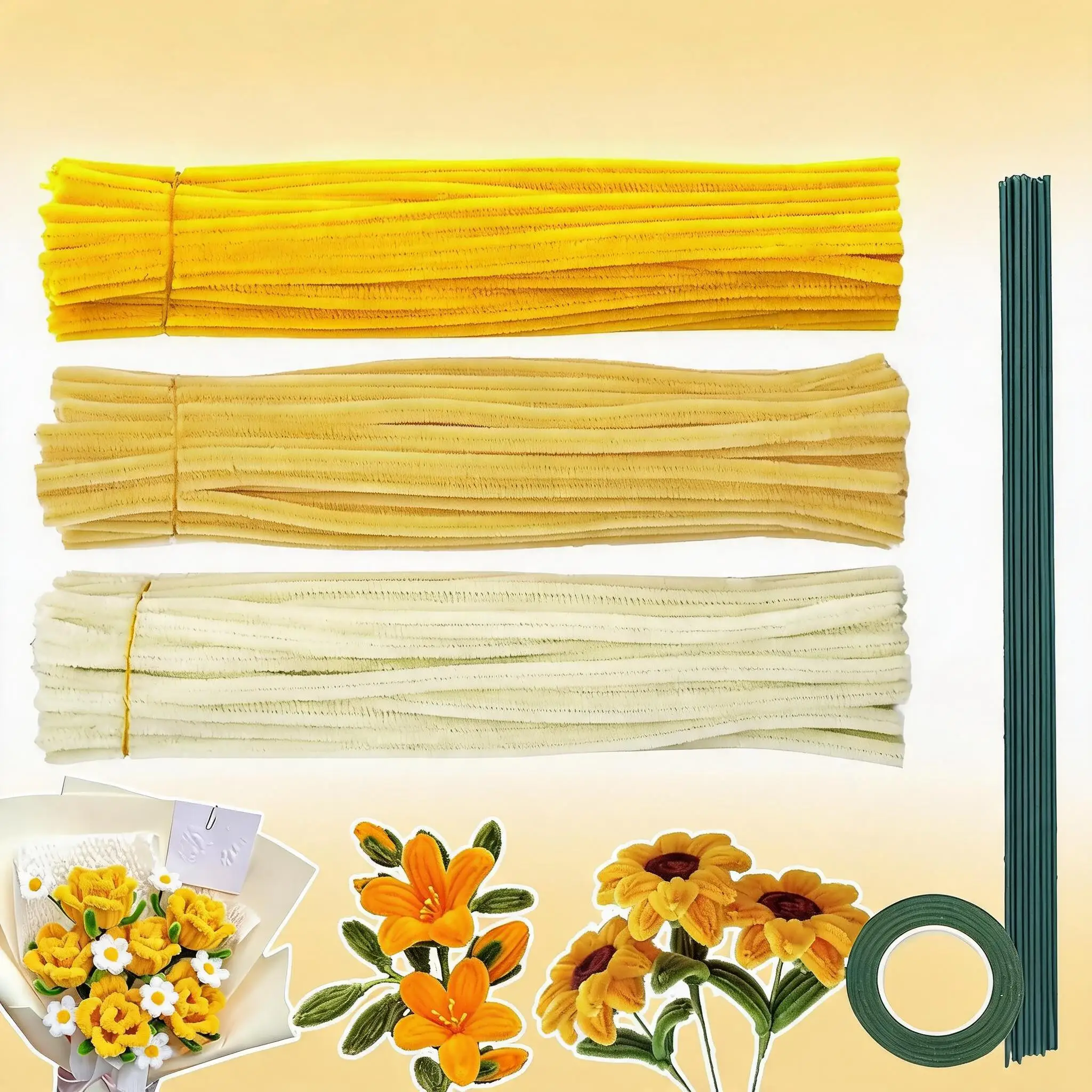 Kit de fabrication de bouquets DIY de 311 pièces avec 300 nettoyeurs de pipe jaunes, 10 tiges florales, 1 ruban vert, fibres en polyester épaisses, flexibles et durables, parfait, cadeau idéal pour la Saint-Valentin, la fête des mères, les anniversaires, Thanksgiving