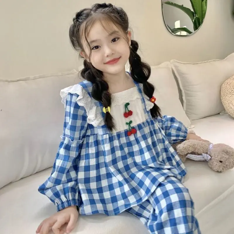 

Girls Pajamas Long Sleeve Spring and Autumn Korean Plaid Princess Style Loose Pants Big Children Girls Home Wear Summer