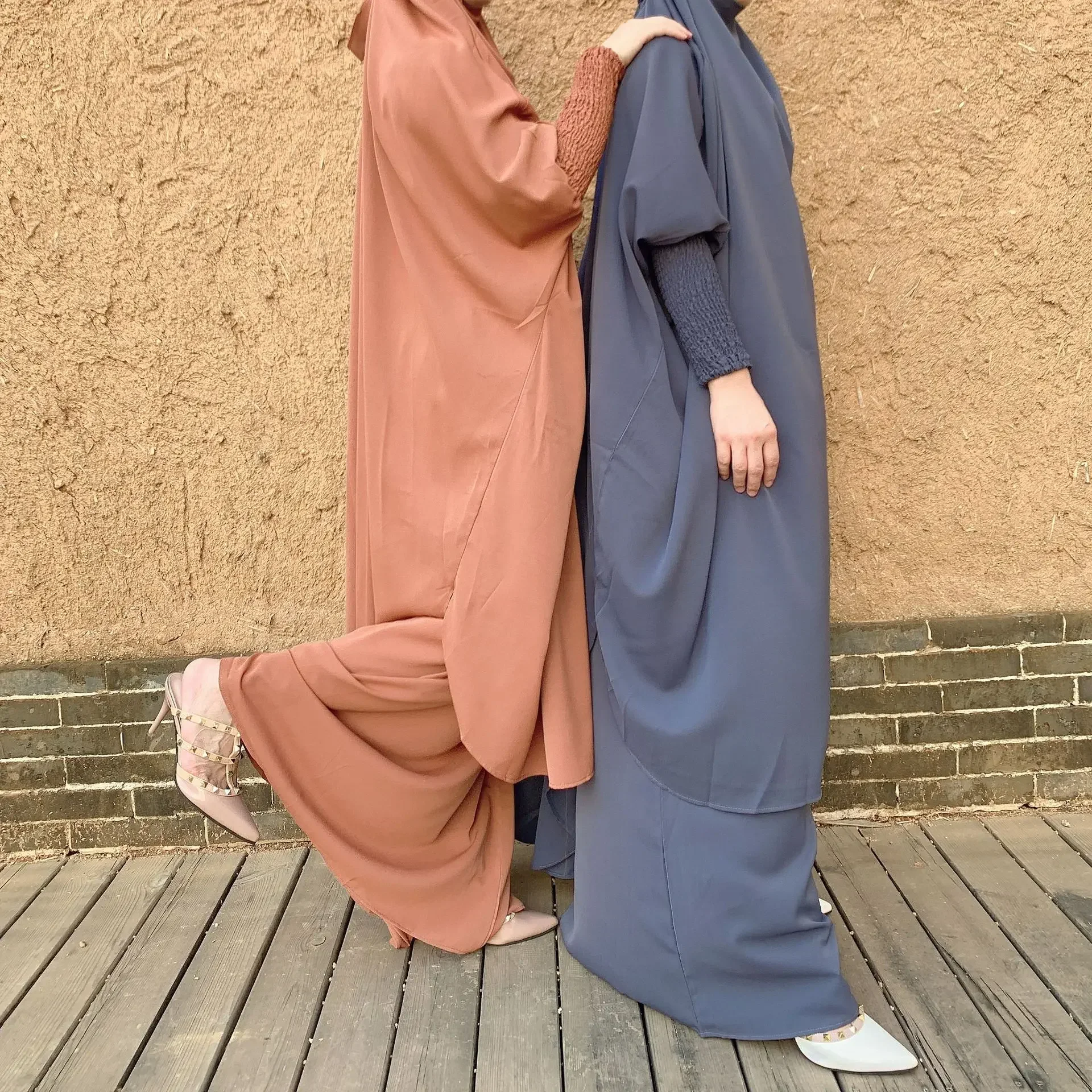 

2024 Eid 2pcs Prayer Garment Two Piece Muslim Sets Women Abaya Kimono Skirts Suits Kaftan Solid Ramadan Islam Prayer Clothing