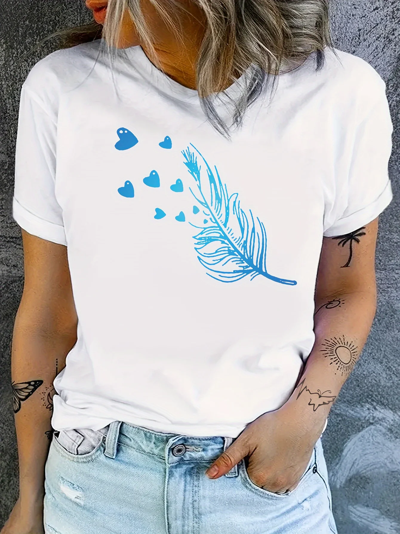 Blue Feather & Hearts Women's Tee - Delicate Graphic, Soft Romantic Print for Casual Daily Wear