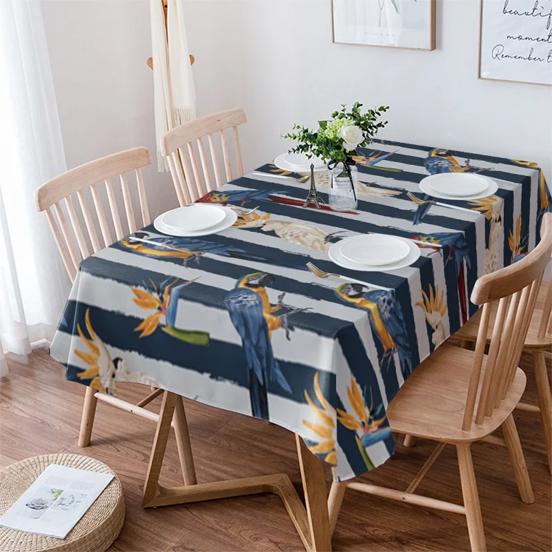 

Parrot Bird Of Paradise Blue And Gray Stripes Tablecloth Waterproof Dining Table Rectangular Round Home Kitchen Decoration