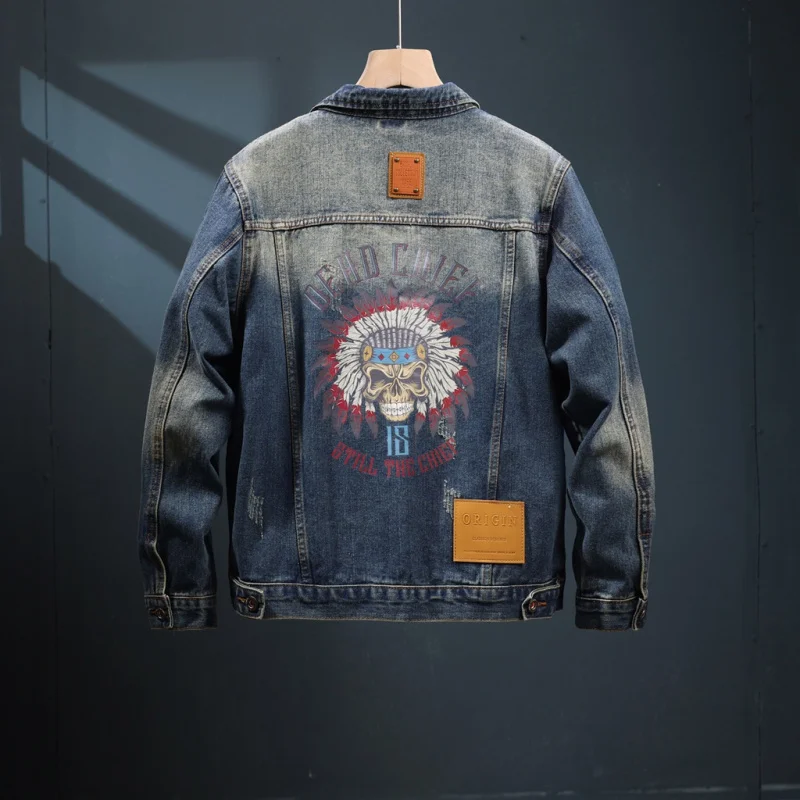 Vintage Denim Jacket Male 2024 New Autumn and Winter Trends Patch Printed Street Handsome High-End Motorcycle Jacket