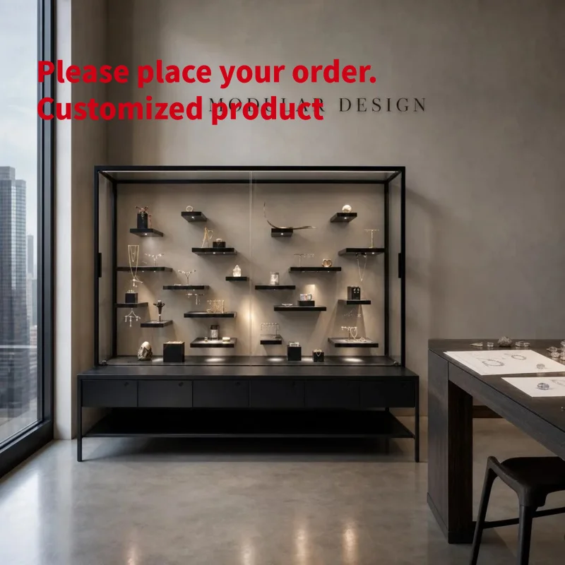 custom.Luxury Stainless Steel Jewelry Display Cabinet LED Lighting Glass Showcase Customizable Dimensions Eco-Friendly Durable D