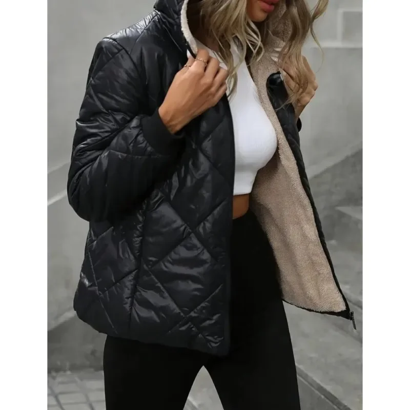 

Casual Fashion Hooded Parka Padded Quilted Coat for Women 2025 Winter Black Thickened Zipper Warm Cardigan Jacket Overcoat Tops