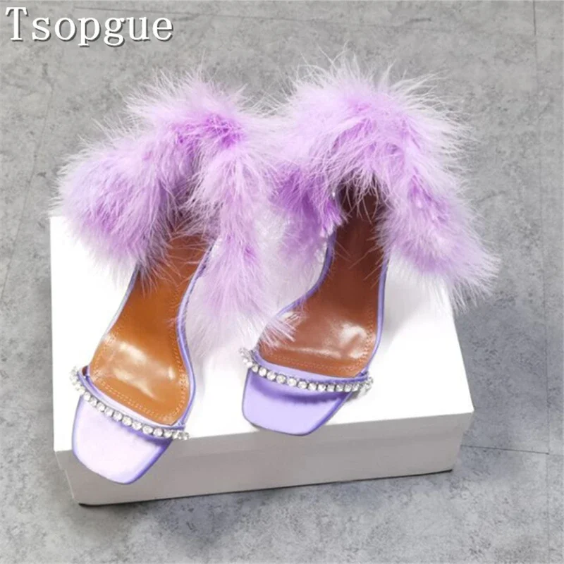 

Women New Fairy Style Feather Banquet Sandals Brand Designer Square Open Toe Rhinestone Narrow Band Thin High Heels Shoes
