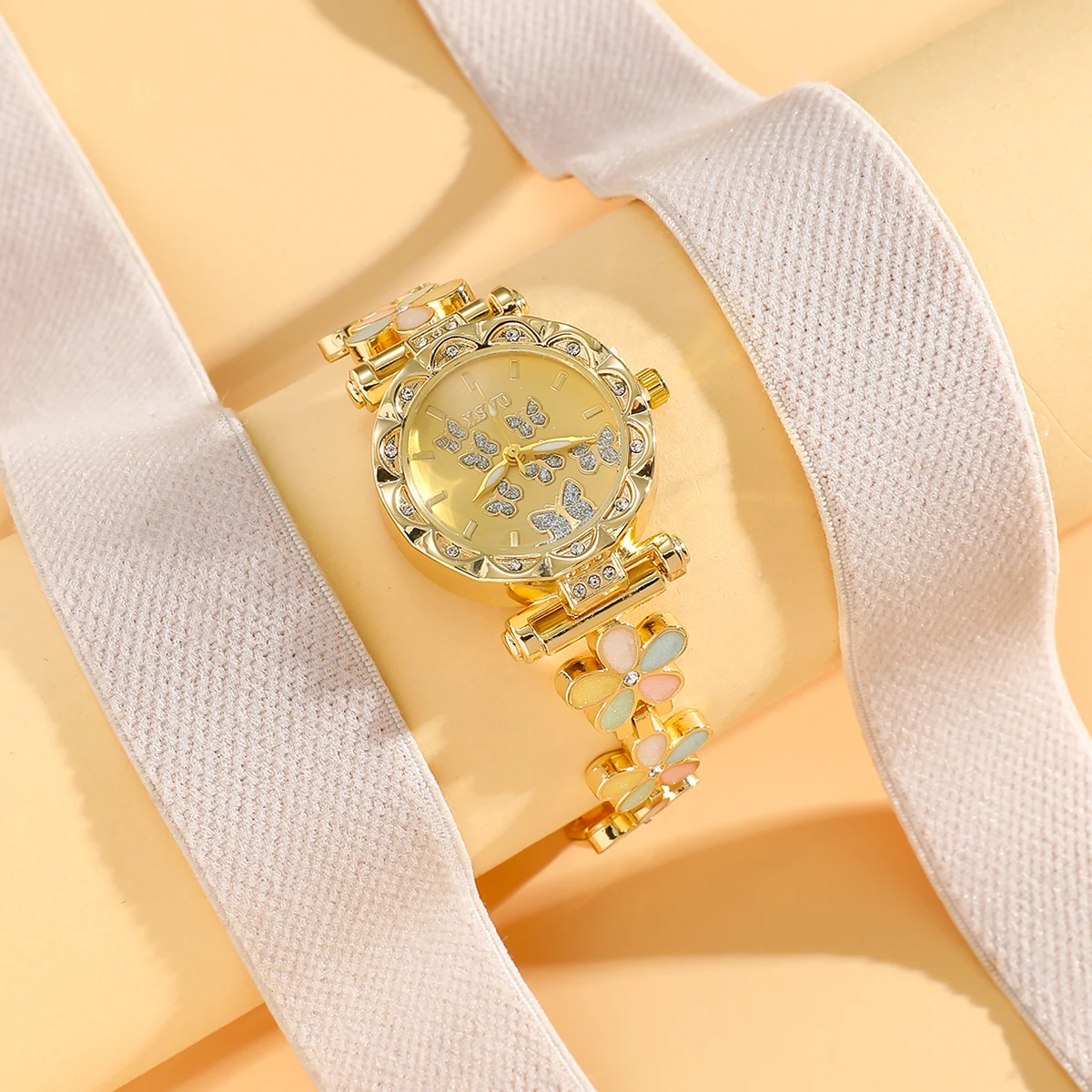 

Роскошные женские часы с золотым цветочным узором, эмалевым разноцветным браслетом, циферблатом с бабочками и подарочной коробкой, идеальный подарок для нее