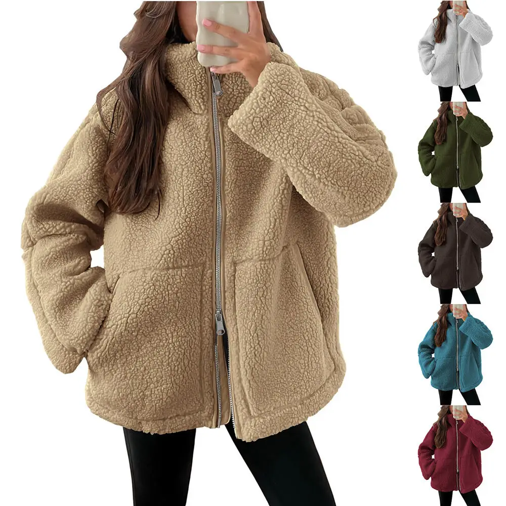 Women Winter Sherpa Sweater Turtleneck Loose Zipper Jacket Faux Lamb Fluffy Cardigan Lady Teddy Streetwear Sweaters