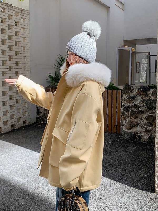 

Yellow Fur Collar Parka Coat Women's Mid-Length Winter Faionable Warm Thiened Fce Outerwear Zipper Sle Korean Version