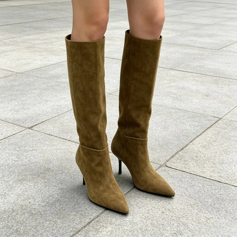 2026 New Suede Heeled Knee-high Boots Women Pointed Toe Retro Winter Boots Female Dress Fashion Designer Knight Long Boots Women image 6