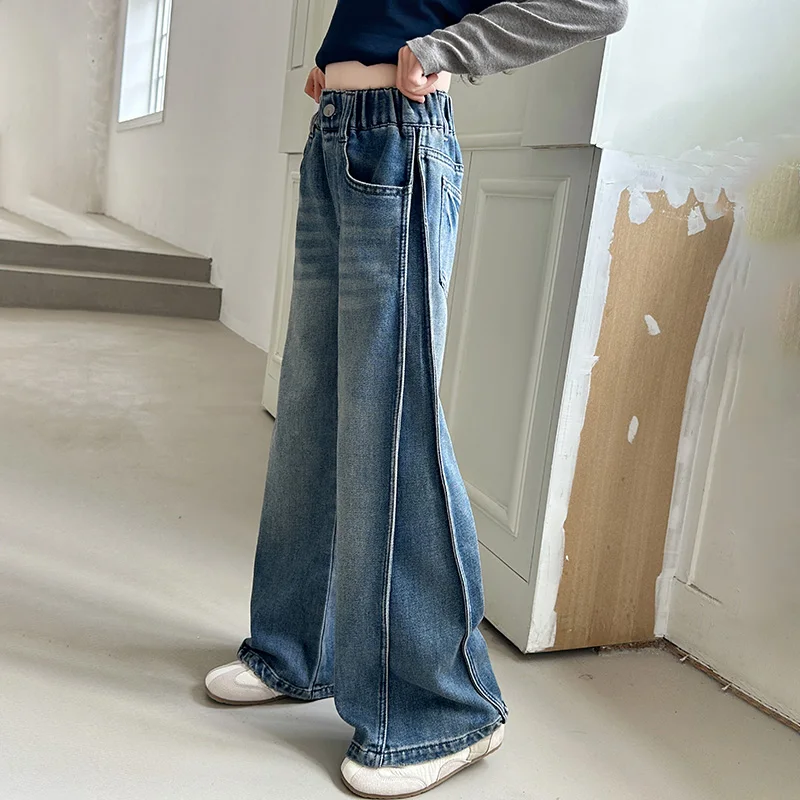 جديد الخريف توين فتاة الجينز الأزرق الداكن طوي واسعة الساق الدنيم السراويل الاطفال الطفل الربيع عالية الخصر الجينز السراويل سن 4 إلى 14 Y #2